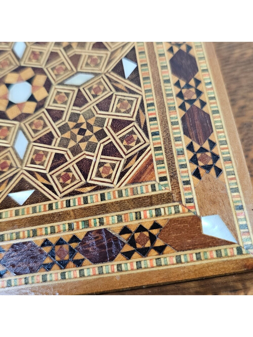 Vintage Damascus Mosaic Wood Jewelry Box Mother of Pearl Inlay 5 Inch - Picture 8 of 14